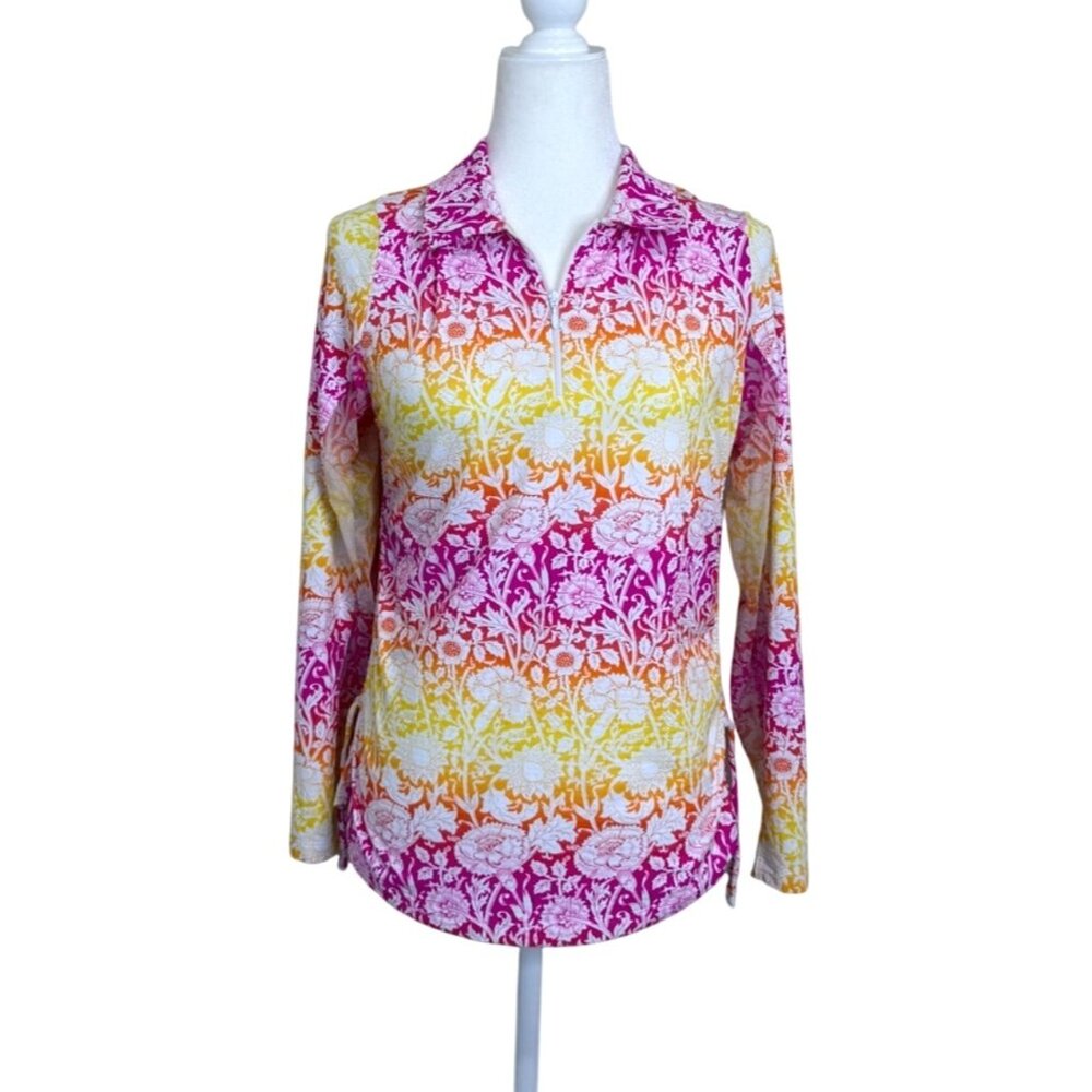 IBKUL Womens Long Sleeve Top Half-Zip Floral Print Pink Yellow UPF 50 Size S